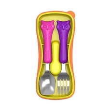 Edison 貓頭鷹湯叉組，附盒子, 叉子15.1 x 3.3cm + 刀子15.1 x 3.3cm + 外盒18.3 x 8.1cm, 粉色 + 紫色, 1組