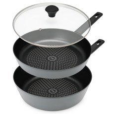 Sisaem 摩登鑽石塗層平底鍋具3件組, 1套, 平底鍋 28cm + 炒鍋 28cm + 玻璃鍋蓋 28cm, 灰色