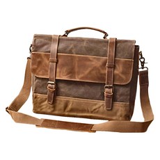 過蠟防潑水帆布配頭層瘋馬牛皮男士肩背手提包 CLB03 1.2kg, 咖啡色