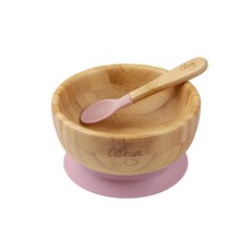 Citron 小檸檬 有機竹製吸盤碗套組, 含矽膠木勺, 適用於4個月以上的孩子, 浪漫粉, 碗 + 湯匙, 1組
