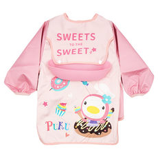 PUKU 藍色企鵝 MyColor防水長袖口袋圍兜畫畫衣, 一件兩用, 兩種飯兜造型, 防水防汙, 材質親膚透氣, 甜點粉, 1件