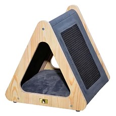 PetPals 赫本三角木貓屋 木質設計簡約風格 貓抓板 舒適軟墊, 木色 + 黑色, 1個