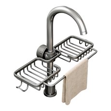 SUnORO 免打孔廚房水龍頭置物瀝水掛籃, 槍灰色, 雙層瀝水收納，廚房清潔好幫手, 1個