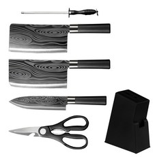 冰紋刀具6件套 不鏽鋼材質 刀柄符合一體成型, 1組, 切片刀1入 + 菜刀1入 + 磨刀棒1入 + 廚師刀1入 + 廚師剪1入 + 刀座1入