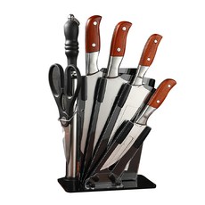 甄選紅木廚房專用刀具7件套 3CR13不鏽鋼紅木手柄 配有刀座收納架, 剁刀 + 水果刀 + 菜刀 + 廚刀 + 廚房剪 + 磨刀棒 + 收納座, 1組