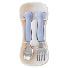 tgm 兒童便攜式矽膠不鏽鋼餐具組, 灰藍色小熊, 湯匙 + 叉子 + 收納盒, 1組
