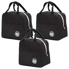 卡通圖案手提便當袋 防水牛津布 鋁箔珍珠棉 雙提手 拉鍊開口, 小熊圓標 黑色, 3個