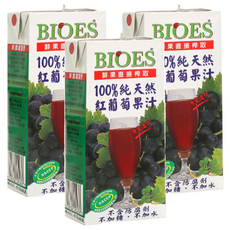 BIOES 囍瑞 100%純天然紅葡萄汁原汁, 果實直接榨取, 不含防腐劑, 不加糖, 不加水, 1L, 3瓶