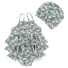 愛北鼻INS女童泳衣 吊帶連體泳衣+泳帽 130碼(120~130cm)