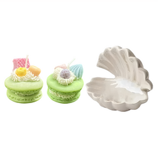 韓式手作馬卡龍香氛精油蠟燭 附精美粉貝殼款燭盤 4.3 x 4cm 顏色隨機, 1組, 英國梨&小蒼蘭, 474g