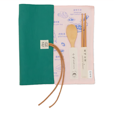 in Blooom 印花樂 有機棉餐墊 附竹製餐具組, 43 x 30cm, 小吃 + 柔和藍粉, 1組