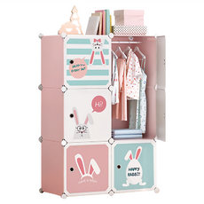收納部屋 兒童衣櫃 4格門 + 1衣櫥 粉色 多格分類 組裝方便