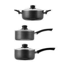 Tamsaa IH電磁爐適用 陶瓷塗層湯鍋3件組, 單柄湯鍋16cm + 單柄湯鍋18cm + 雙耳湯鍋20cm, 深黑色, 1組