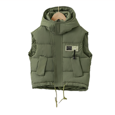 兒童款秋冬羽絨棉背心, 連帽款, 130, 軍綠色