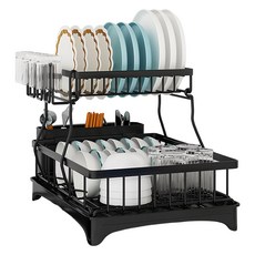 樂居家 桌面餐具瀝水架 自動排水/碗盤架/杯架/餐具架/通風快乾/大容量, 2層, 黑色, 1個