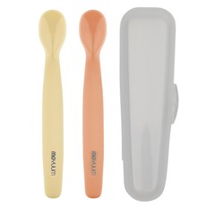 MOYUUM 韓國 白金矽膠兒童湯匙2件組 附收納盒, 奶黃色/粉橘色, 寶寶學習餐具, 1組