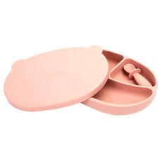 Edison 小熊款 矽膠吸附式餐盤組 便於保存的矽膠蓋, 餐盤 + 盤子 + 湯匙, 粉色, 1組