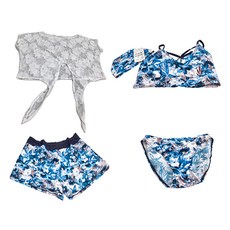 LOVETEEN 女比基尼4件組 外搭上衣+三角褲+外搭四角褲+泳帽 台灣製, 花卉 藍色