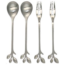 Caldo 卡朵生活 小枝葉造型不鏽鋼叉湯匙4件組, 精緻可愛 304不鏽鋼, 銀色, 2支叉子(12.2 x 2.2cm) + 2支湯勺(12.2 x 2.4cm), 1組