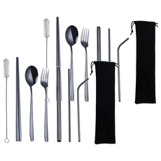 吸管餐具組 304不鏽鋼, 黑色, 主餐勺 + 主餐叉 + 主餐筷 + 刷子 + 大號吸管 + 小號吸管 + 彎頭吸管 + 收納袋, 2組