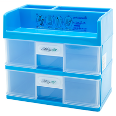 MORY 茂盛 桌上型焦點收納盒, 14.5x24.5x22.5cm, 兩大格抽屜, 頂端分格置物盒, 3層, 藍色