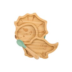 Citron 小檸檬 餐盤 100%有機竹製 內含3格分隔盤 附矽膠木勺, 盤子*1+湯匙*1, 酷酷三角龍, 1組