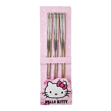 Sanrio 三麗鷗 Hello Kitty 凱蒂貓不鏽鋼筷子3件組 304不鏽鋼材質 雙面雷射雕刻 筷頭方形結構設計, 3雙筷子, 銀色, 1組