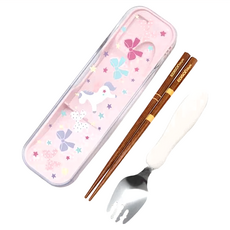 EDISON mama 兒童便攜餐具2件組 附收納盒, 匙叉14.7cm + 筷16.5cm + 收納盒18.3 x 5.4 x 1.8cm, 童話粉, 1組