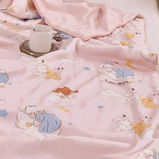 愛貝鼻之家 萊賽爾 涼感被 100%萊賽爾纖維 整張棉填充 水洗珍珠面 粉色, 瞌睡兔兔熊, 1件