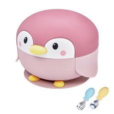 KOM 海洋歷險趣 兒童餐具 企鵝造型不鏽鋼矽膠學習叉匙組 萌萌粉, 1組