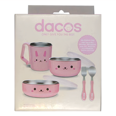 dacos 寶貝大口吃不鏽鋼餐具組 包含杯子、碗、叉子和湯匙, 大口碗 200ml+ 湯碗300ml + 大口碗 300ml + 湯叉組, 粉色, 1組