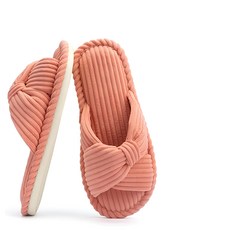 AHOYE 棉麻蝴蝶扭結造型拖鞋/防滑居家室內拖鞋, 粉橘色, 255mm