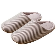 日式直條紋防滑靜音麂皮鞋底保暖包頭室內居家拖, 40-41, 咖啡色