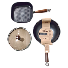 HAPPYCALL IH石墨烯 瞬熱原木雙不沾鍋組, 深炒鍋30cm + 方煎鍋28cm + 鍋蓋30cm, TH12-191, 1組