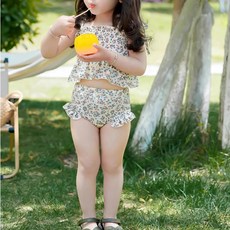 女寶 碎花綁帶短袖分體泳衣組, S, 米色