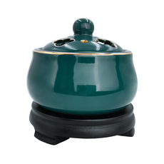 財神小舖 彩金孔雀綠 電子薰香爐 TCL-3001 手工陶瓷+木底座, 9.5 x 10.5 x 7.5cm, 1個
