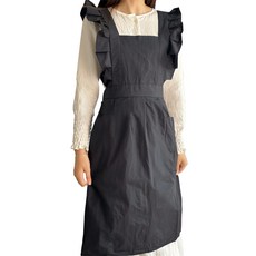 POSIELLA 荷葉邊連身裙式素色圍裙, 1個, 黑色