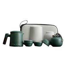 A&R 陶瓷旅行茶具6件組 附收納旅行包, 側把壺 + 品茗杯 4個 + 茶葉罐, 綠色, 1組