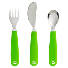 munchkin 滿趣健 兒童不鏽鋼餐具三件組 - 藍/綠/粉/紫，18個月以上適用，不含BPA, 不鏽鋼餐具三件組, 綠色, 1組