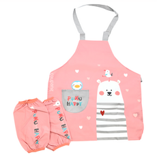 PUKU 藍色企鵝 幼兒防水圍裙畫畫衣 + 袖套 可調式頸帶 防水材質, 粉色, 適用身高90~110cm