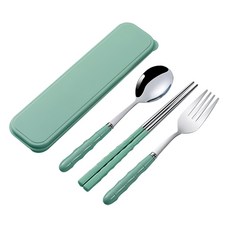 城市漫遊 不鏽鋼餐具組 便攜式餐具套裝 304不鏽鋼+ABS外殼 190*45*30mm, 綠色, 叉子 + 湯匙 + 筷子 + 盒子, 1組