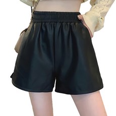 女款高腰鬆緊A字皮短褲 - 多碼 HS7080, M, 黑色