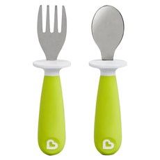 munchkin 滿趣健 不鏽鋼學習叉匙組, 304不鏽鋼材質, 手柄寬度適合抓握, 特殊設計避免吃飯時太深入嘴巴, 2.5 x 13cm, 綠色, 1個