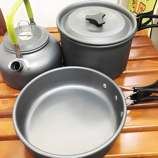 DS-308 茶壺套鍋組, 露營登山必備, 煎鍋17.3x9.2公分, 煮鍋16.7x4公分, 茶壺容量800毫升, 1組, 黑色