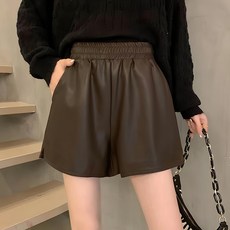 多碼高腰鬆緊A字皮短褲, M, 咖