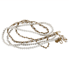 Timo 小香珍珠雙層手機鍊/肩背長鏈 皮革+金屬+仿珍珠 長度約115cm 重量約170g, 茶花白, 1條