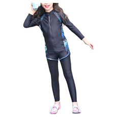 一家人的泳衣 女童三件組 長袖泳衣, L碼, Black