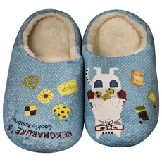 kUSUgURU JAPAN 日本眼鏡貓 蓬軟觸感保暖靜音室內拖鞋 NEKOZAWA款, 藍色, M-L