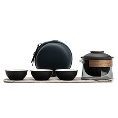 悠然 手抓壺旅行組 CAKN0181BK 黑色 陶瓷 玻璃 實木, 手抓壺 + 杯蓋 + 濾杯 + 茶杯, 1組