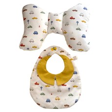 Lianne Baby 韓國有機棉 玩具汽車 嬰兒禮物套裝 (蝴蝶枕+紳士領圍兜), 芥黃, 1組, 2個